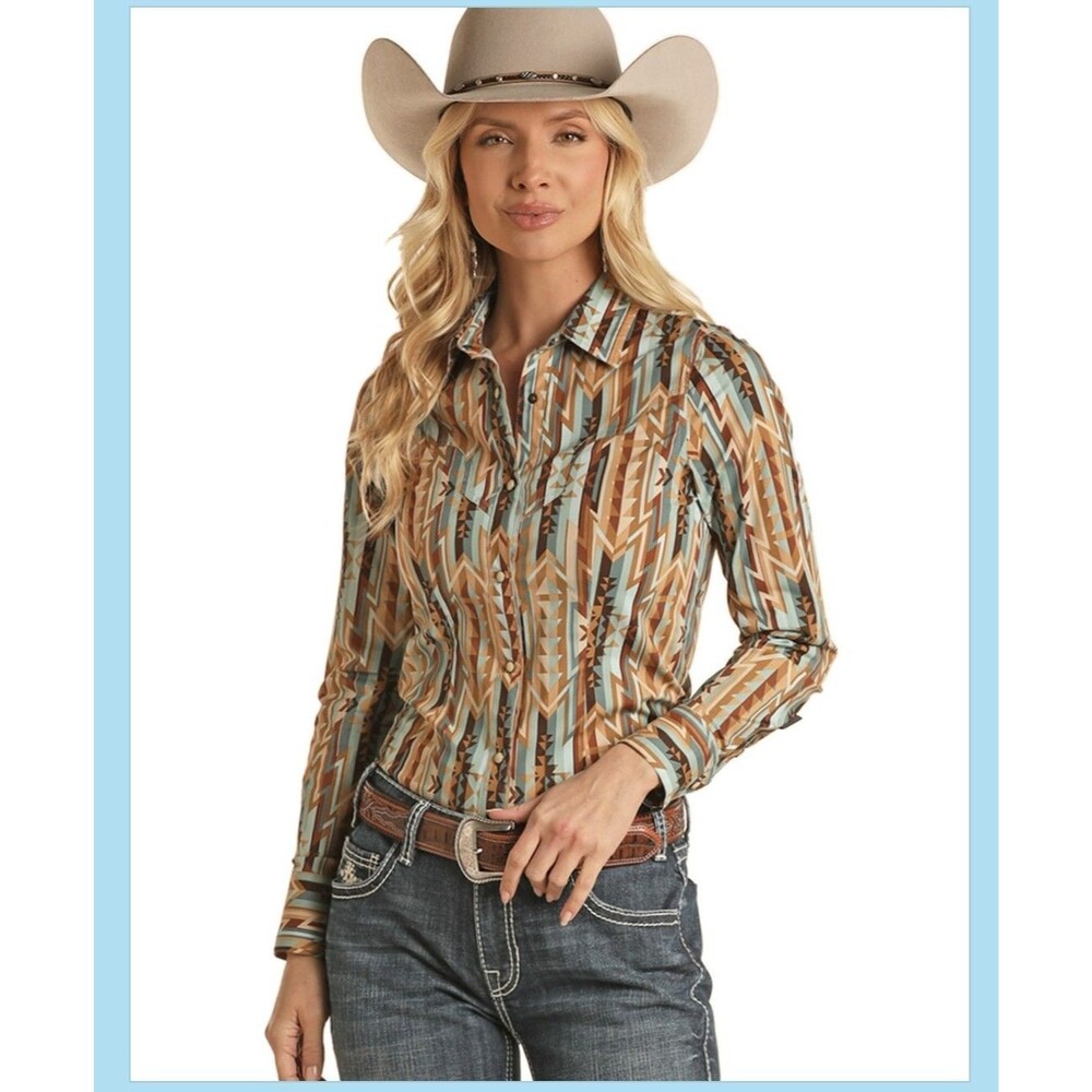 Rock and Roll Cowboy Pearl Snap Shirt Womens Western Aztec Long Sleeve Cowgirl M